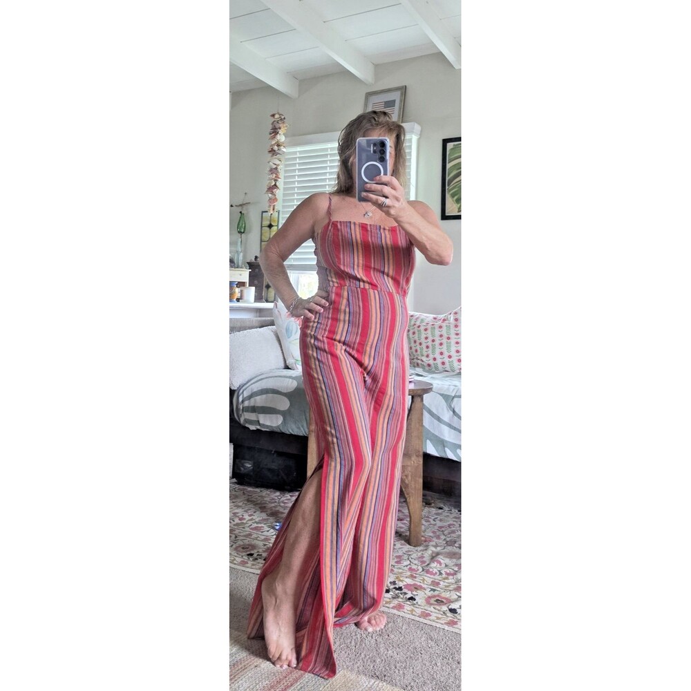 Anthropologie Lemon Stripped Wide Leg Jumpsuit S/M Side Slit Boho Resort